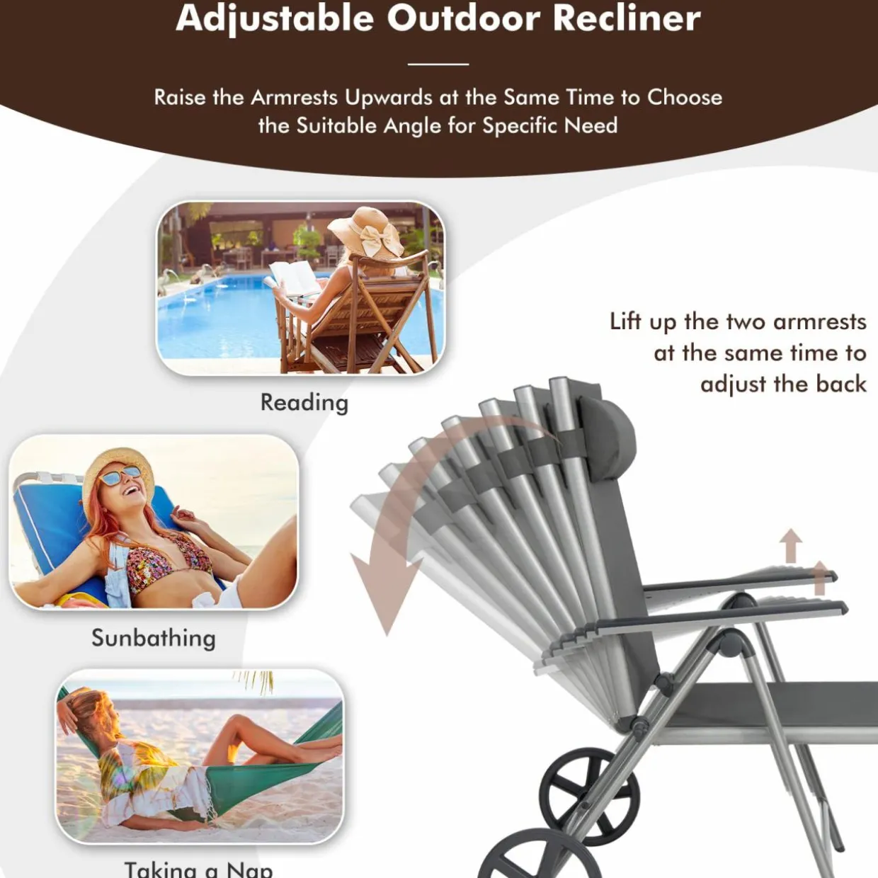 Tangkula Outdoor Aluminum Chaise Lounge Chair with Wheels