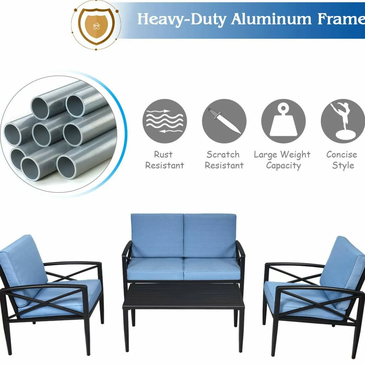 Tangkula Outdoor Aluminum Patio Conversation Set, Patio Sofa Set 1 Loveseat, 2 Single Sofas, 1 Coffee Table