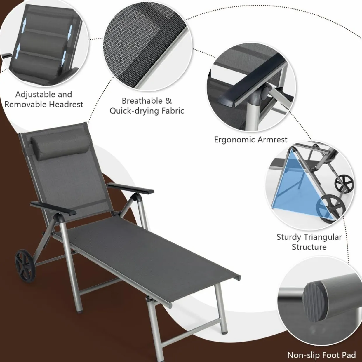 Tangkula Outdoor Aluminum Chaise Lounge Chair with Wheels