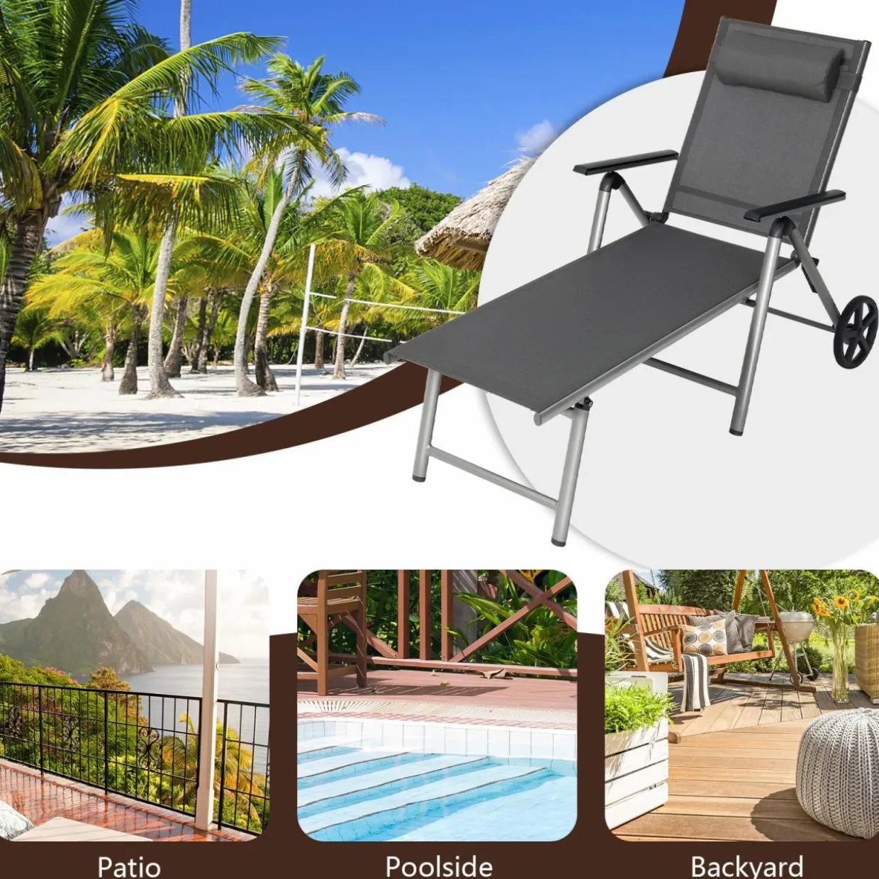 Tangkula Outdoor Aluminum Chaise Lounge Chair with Wheels