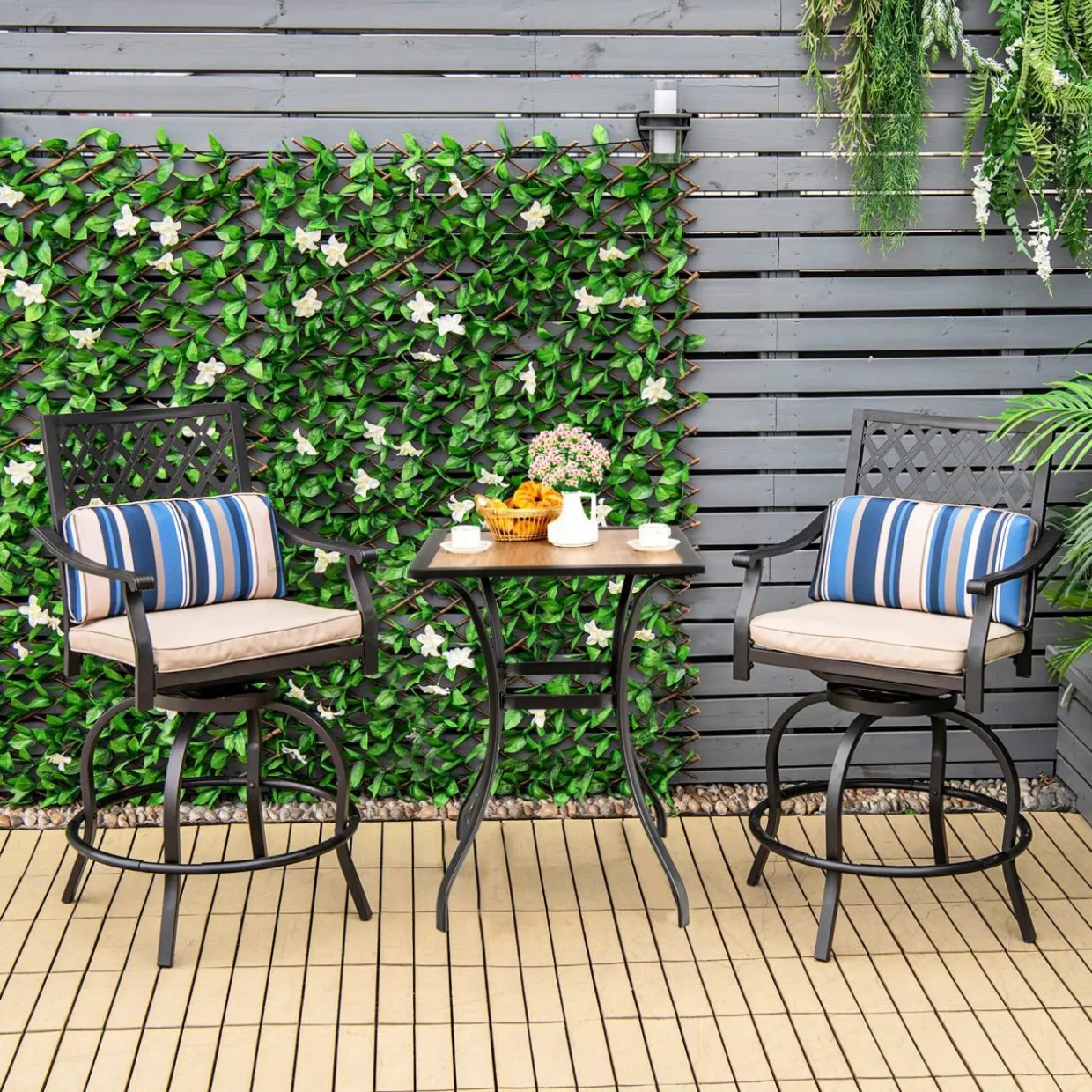 Tangkula Outdoor Bar Height Chair Set, Ergonomic Swivel Chairs with Comfortable Armrest