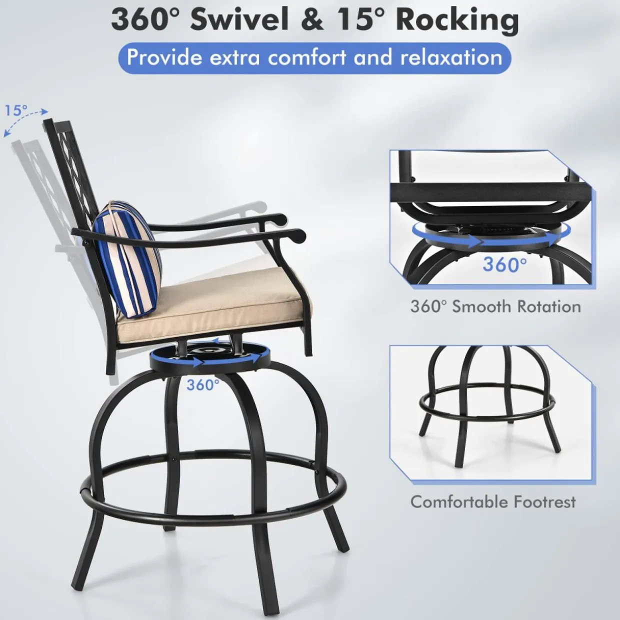 Tangkula Outdoor Bar Height Chair Set, Ergonomic Swivel Chairs with Comfortable Armrest