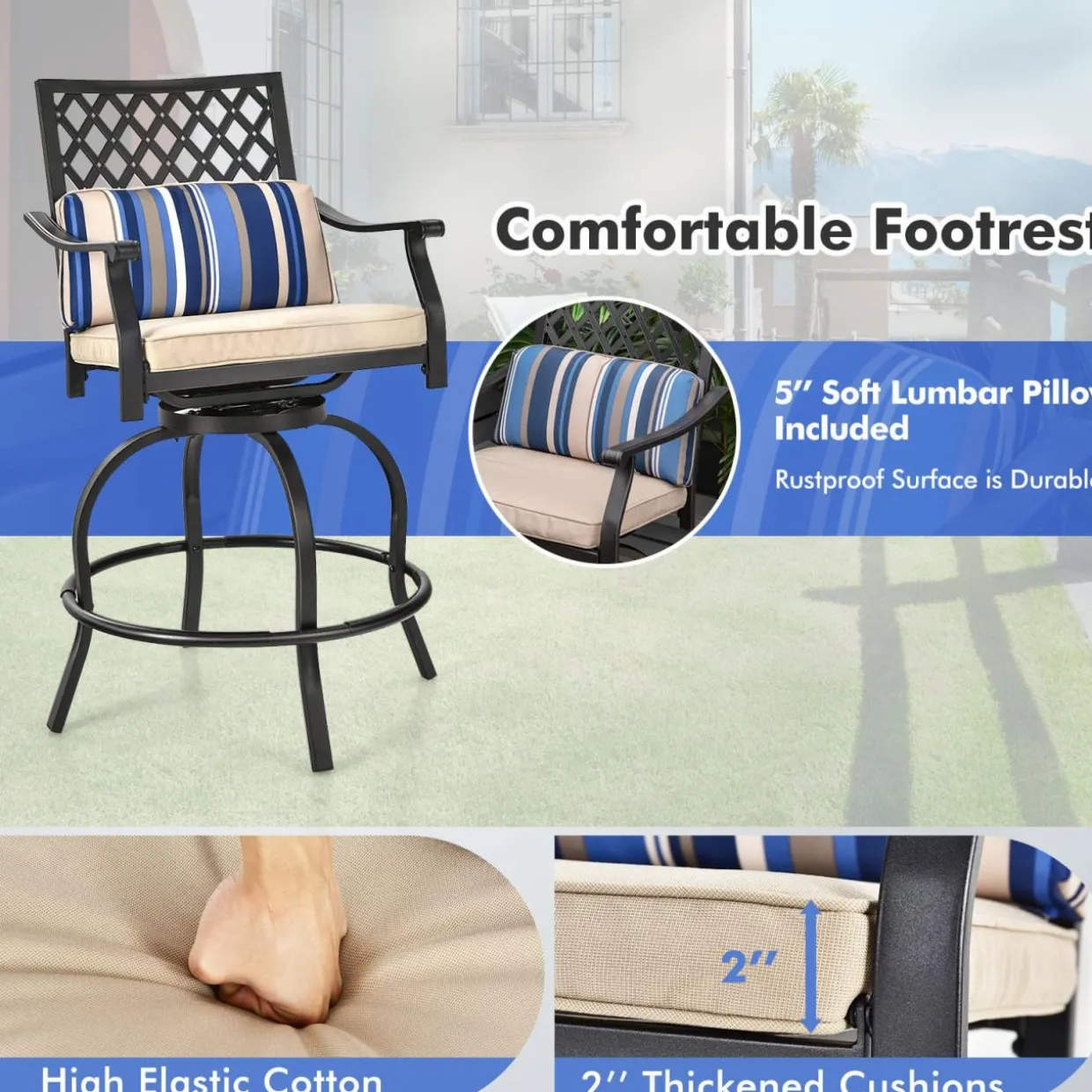 Tangkula Outdoor Bar Height Chair Set, Ergonomic Swivel Chairs with Comfortable Armrest
