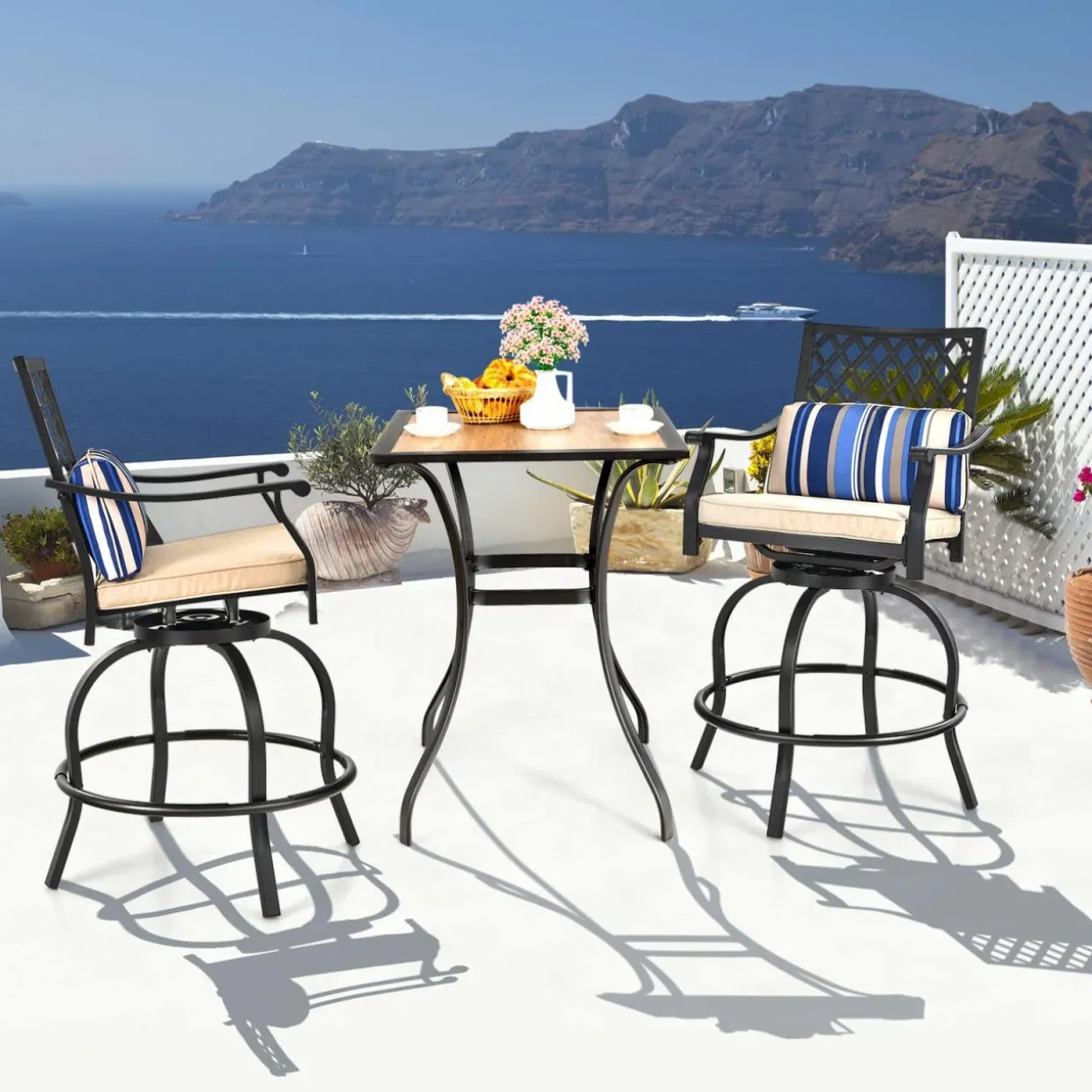 Tangkula Outdoor Bar Height Chair Set, Ergonomic Swivel Chairs with Comfortable Armrest