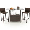 Tangkula Outdoor Bar Set, 3 Pieces Patio Wicker Bar Height Table and Chair Set with 3 Rows Stemware Racks