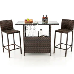 Tangkula Outdoor Bar Set, 3 Pieces Patio Wicker Bar Height Table and Chair Set with 3 Rows Stemware Racks