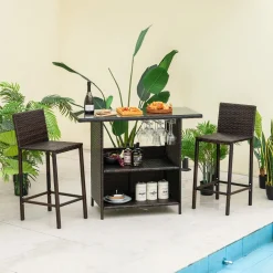Tangkula Outdoor Bar Set, 3 Pieces Patio Wicker Bar Height Table and Chair Set with 3 Rows Stemware Racks