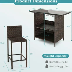 Tangkula Outdoor Bar Set, 3 Pieces Patio Wicker Bar Height Table and Chair Set with 3 Rows Stemware Racks