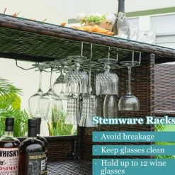 Tangkula Outdoor Bar Set, 3 Pieces Patio Wicker Bar Height Table and Chair Set with 3 Rows Stemware Racks
