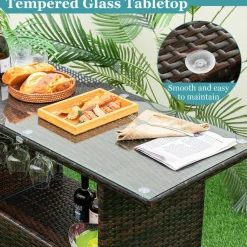 Tangkula Outdoor Bar Set, 3 Pieces Patio Wicker Bar Height Table and Chair Set with 3 Rows Stemware Racks