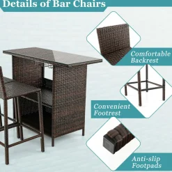 Tangkula Outdoor Bar Set, 3 Pieces Patio Wicker Bar Height Table and Chair Set with 3 Rows Stemware Racks