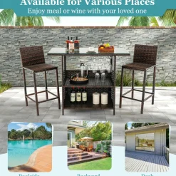 Tangkula Outdoor Bar Set, 3 Pieces Patio Wicker Bar Height Table and Chair Set with 3 Rows Stemware Racks