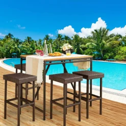 Tangkula Outdoor Bar Stool Set of 2/4, Patio Rattan Bar Chairs