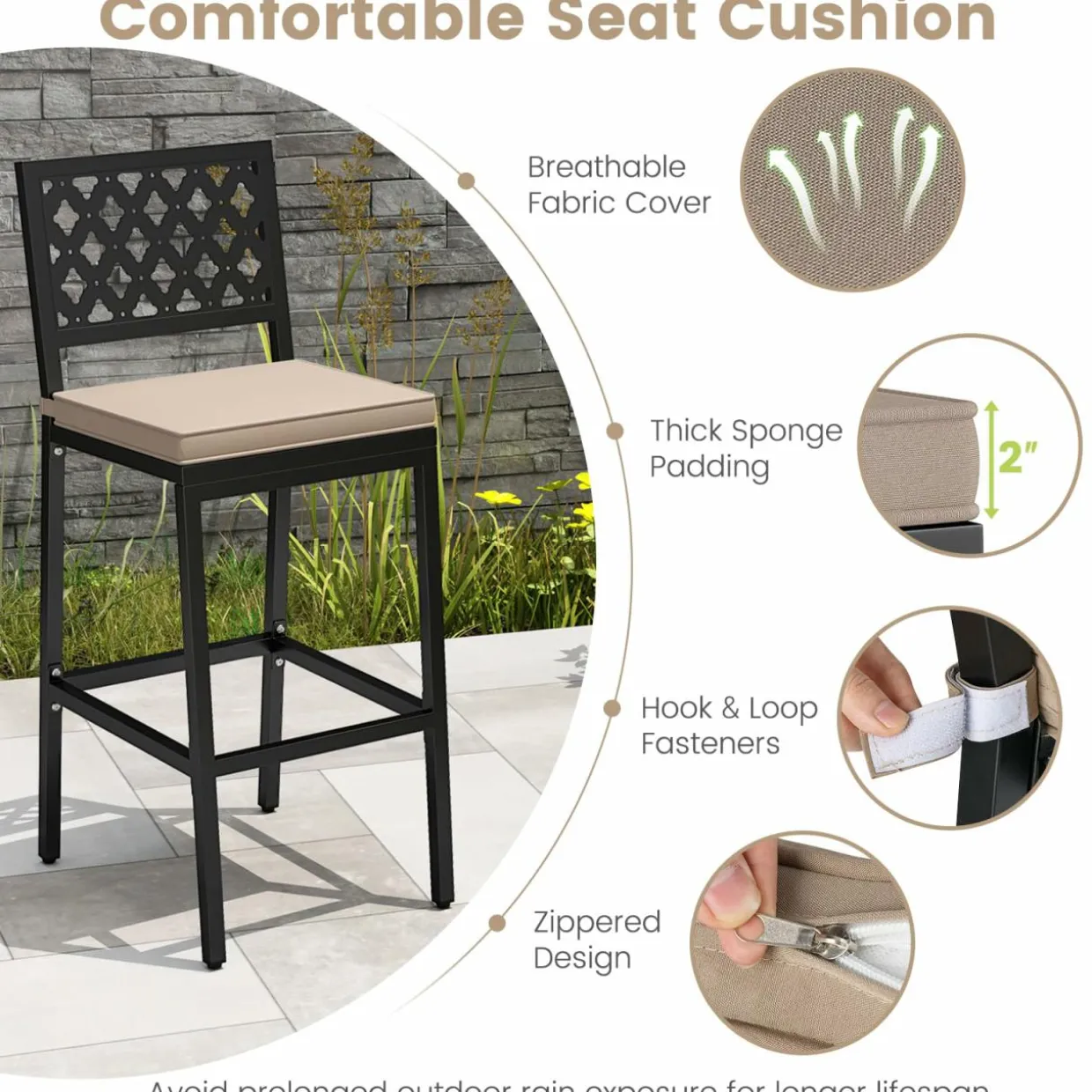 Tangkula Outdoor Bar Stools Set of 2 or 4, 27” Counter Height Barstools with Removable Cushions