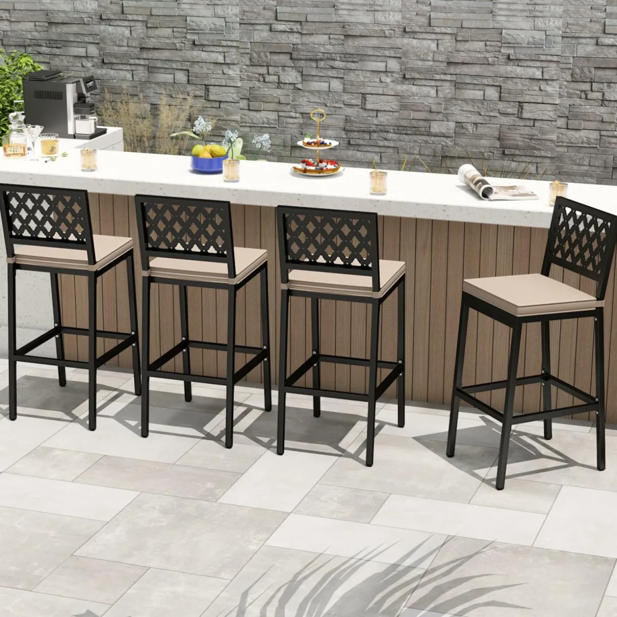 Tangkula Outdoor Bar Stools Set of 2 or 4, 27” Counter Height Barstools with Removable Cushions
