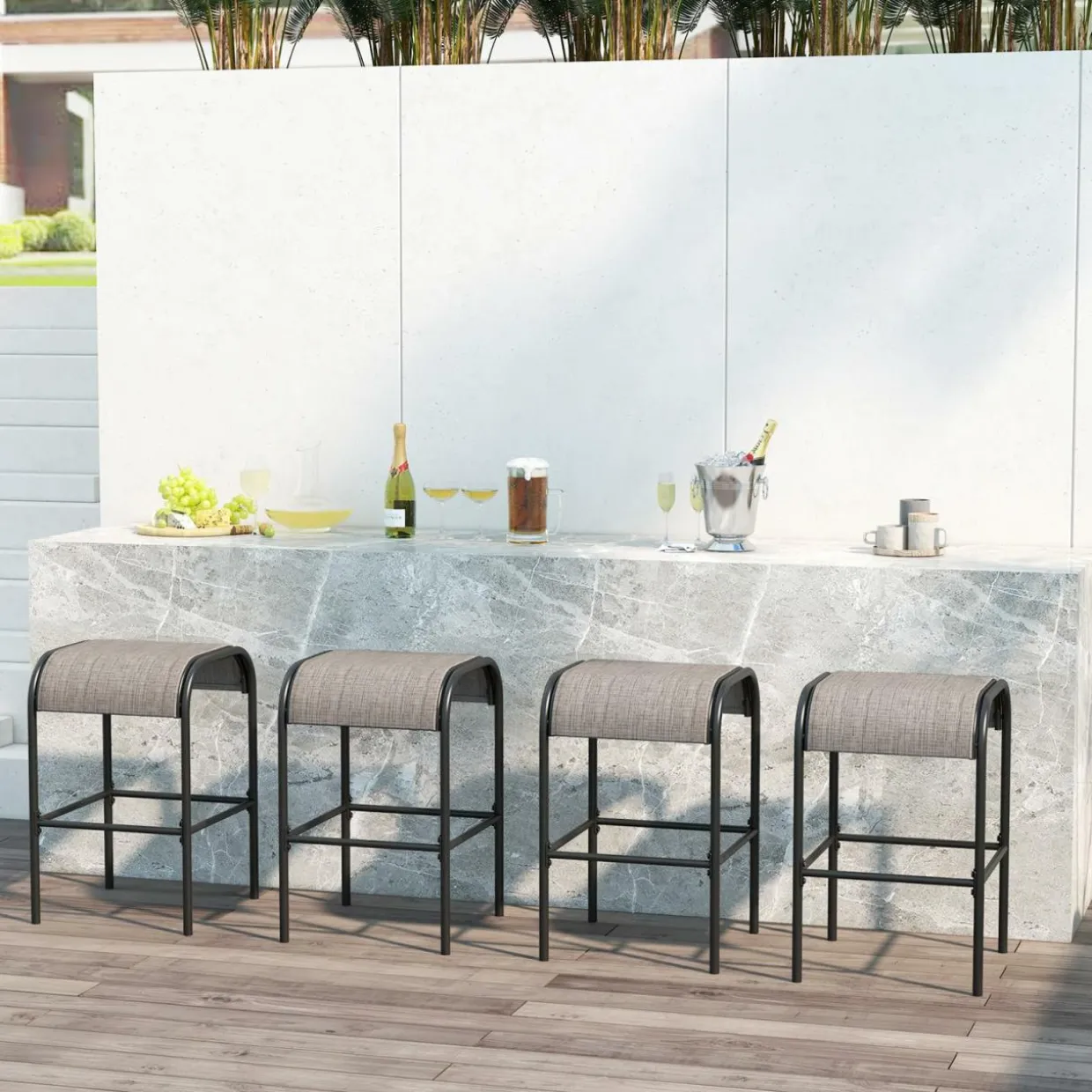 Tangkula Outdoor Bar Stools Set of 2/4, 30" Bar Height Bistro Stools with Breathable Fabric Seat & Heavy-Duty Metal Frame
