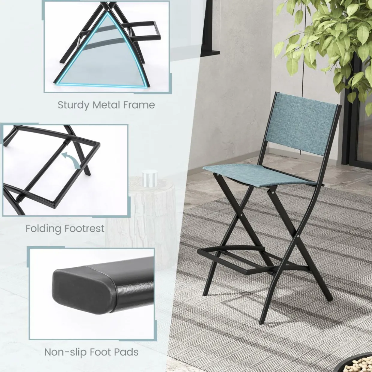 Tangkula Outdoor Barstools Set of 6, Counter Height Folding Bar Chairs with Back and Footrest
