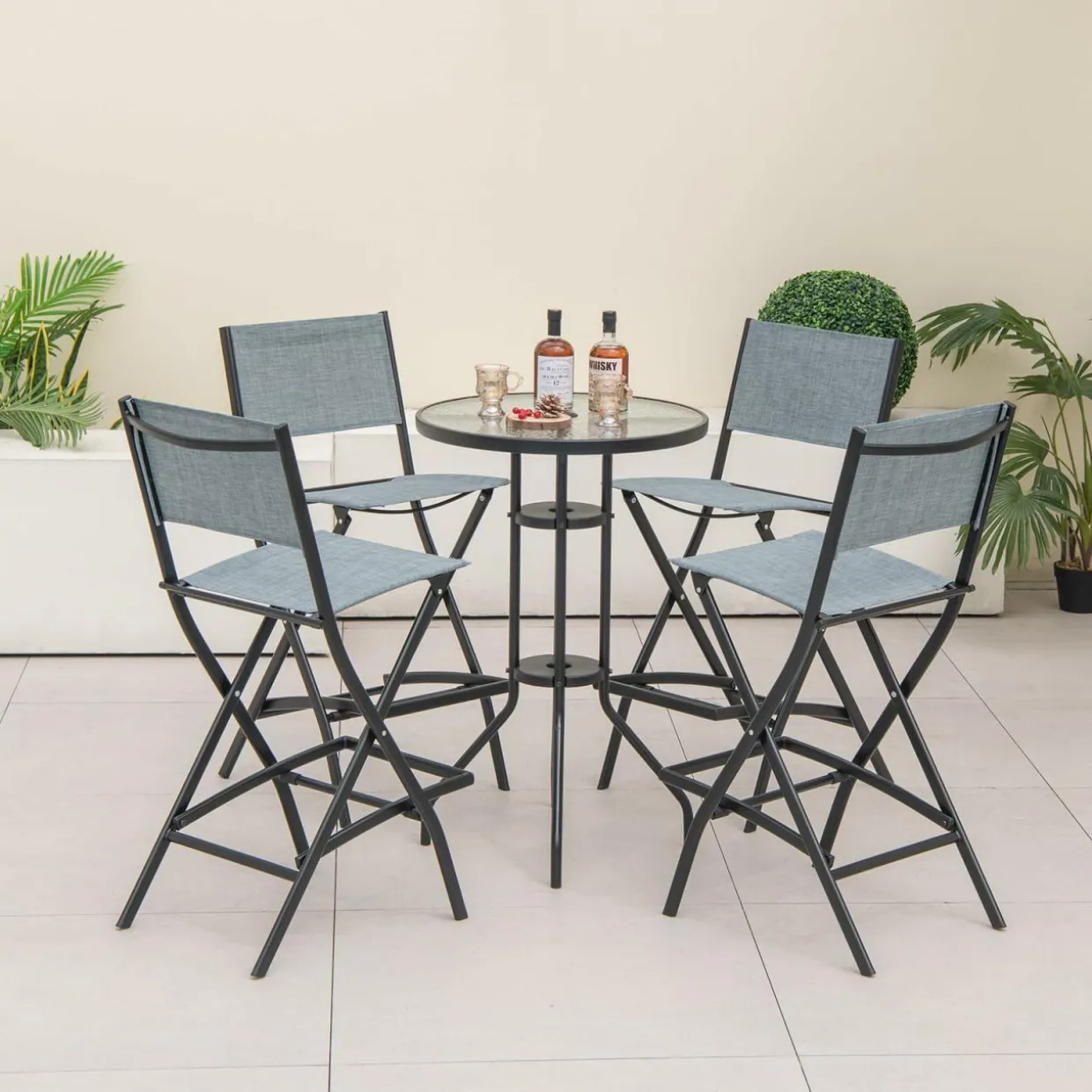 Tangkula Outdoor Barstools Set of 6, Counter Height Folding Bar Chairs with Back and Footrest
