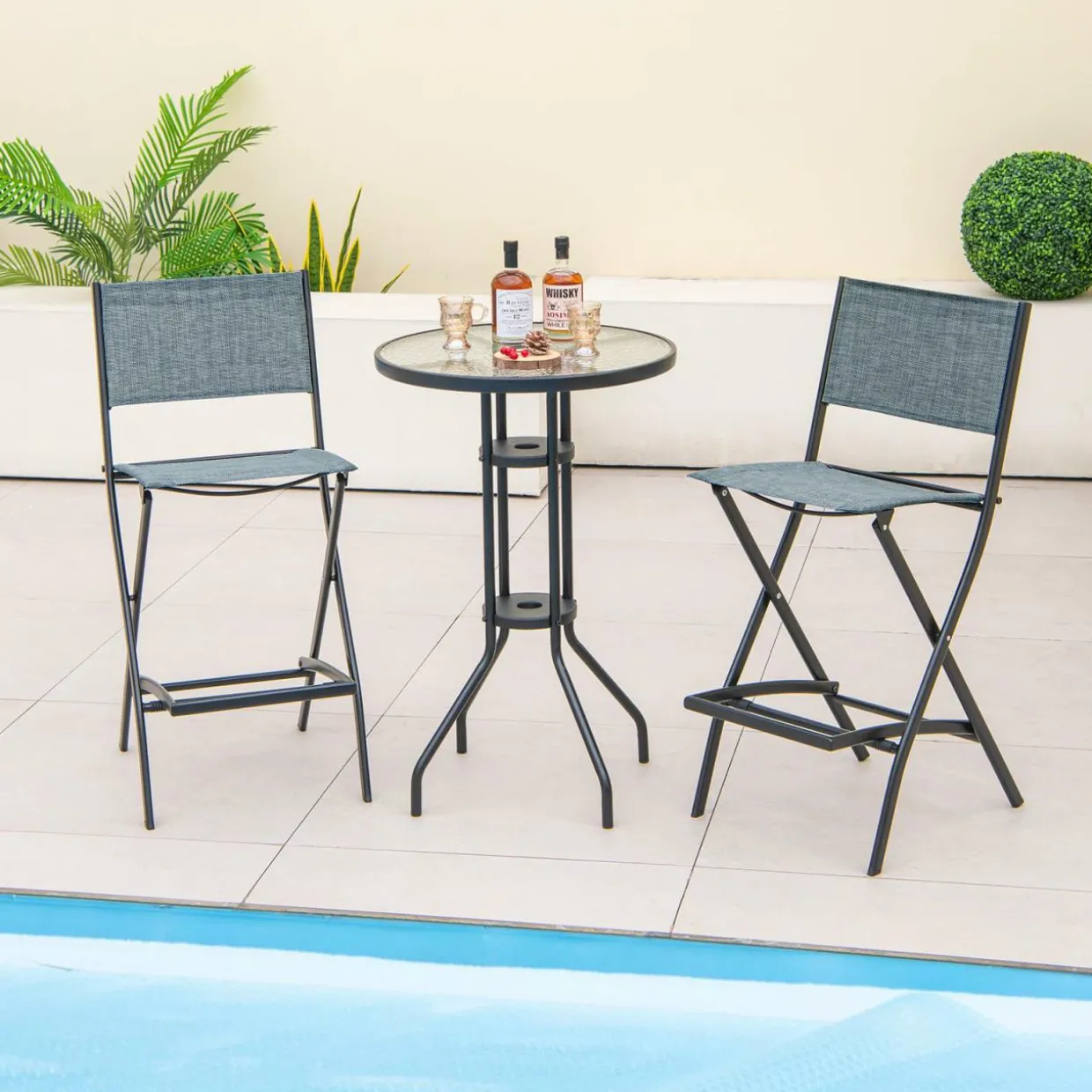 Tangkula Outdoor Barstools Set of 6, Counter Height Folding Bar Chairs with Back and Footrest