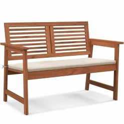 Tangkula Outdoor Bench with Cushion, 2-Person Patio Bench with Slatted Back & Seat