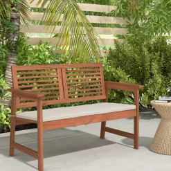 Tangkula Outdoor Bench with Cushion, 2-Person Patio Bench with Slatted Back & Seat