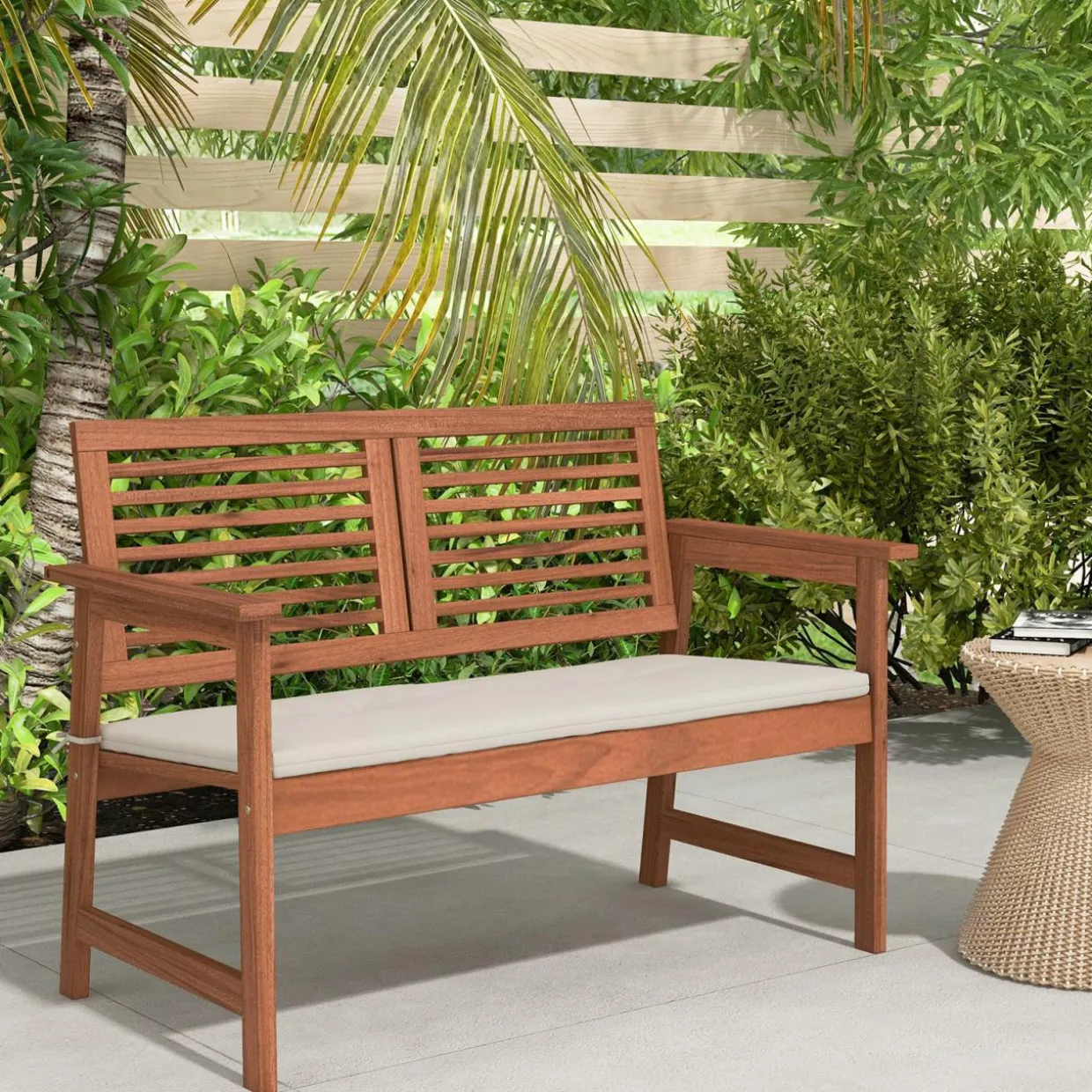Tangkula Outdoor Bench with Cushion, 2-Person Patio Bench with Slatted Back & Seat