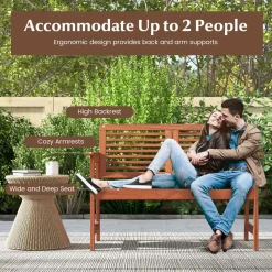 Tangkula Outdoor Bench with Cushion, 2-Person Patio Bench with Slatted Back & Seat