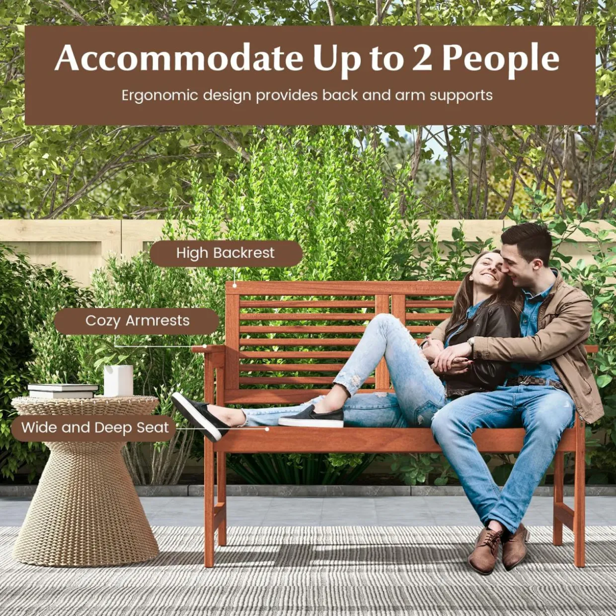 Tangkula Outdoor Bench with Cushion, 2-Person Patio Bench with Slatted Back & Seat