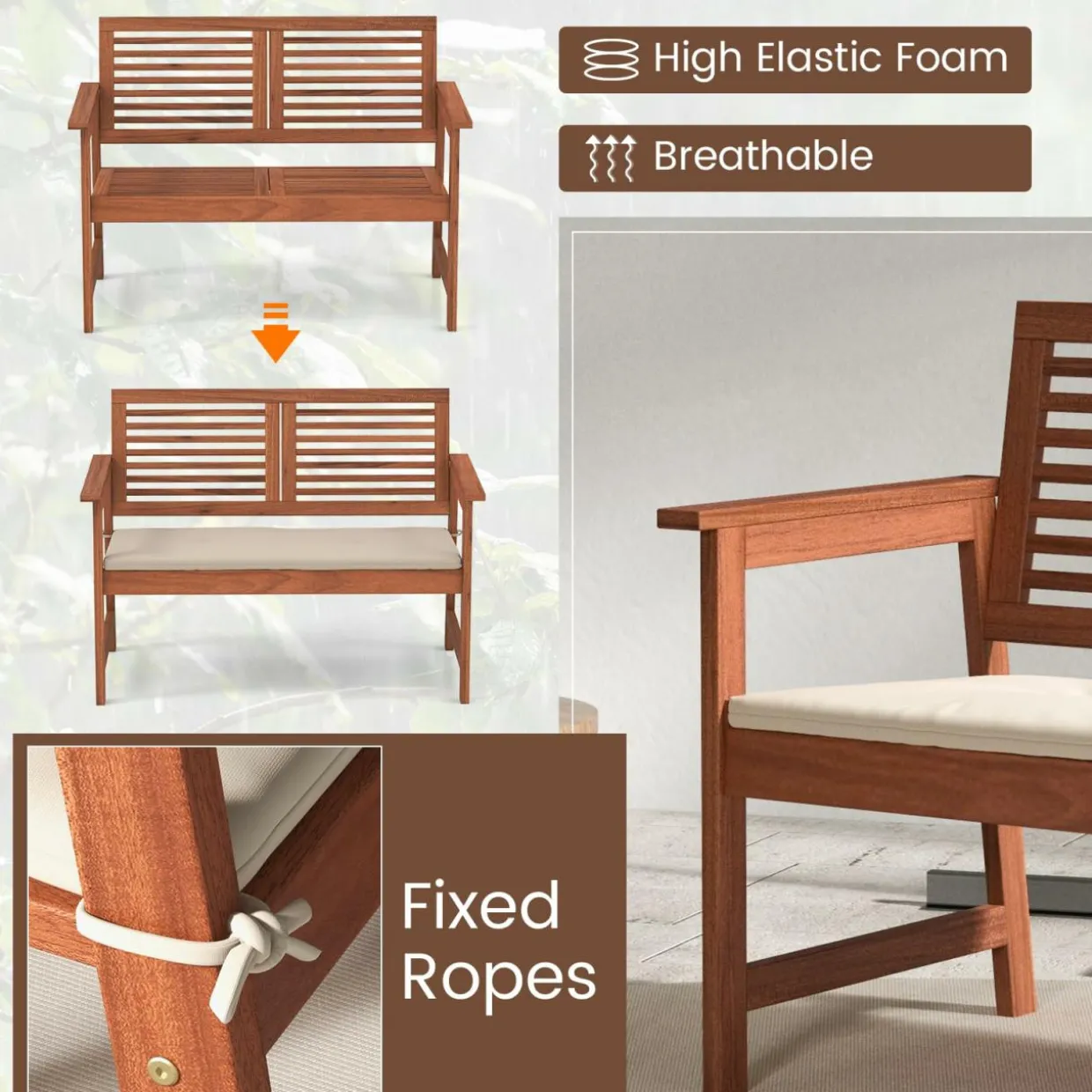 Tangkula Outdoor Bench with Cushion, 2-Person Patio Bench with Slatted Back & Seat