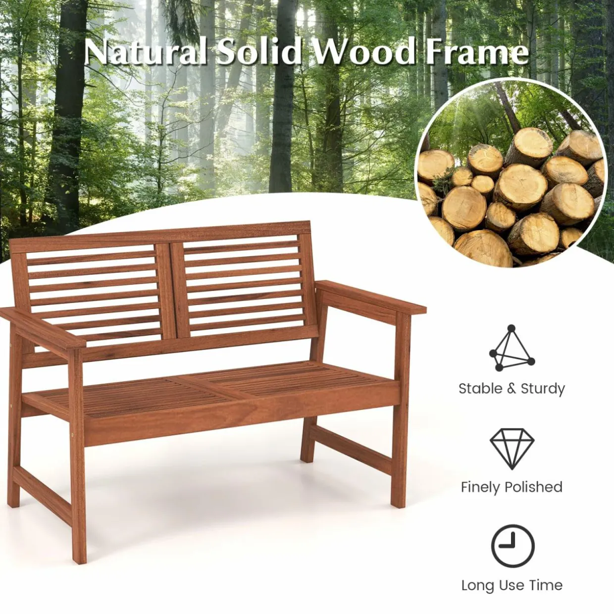 Tangkula Outdoor Bench with Cushion, 2-Person Patio Bench with Slatted Back & Seat