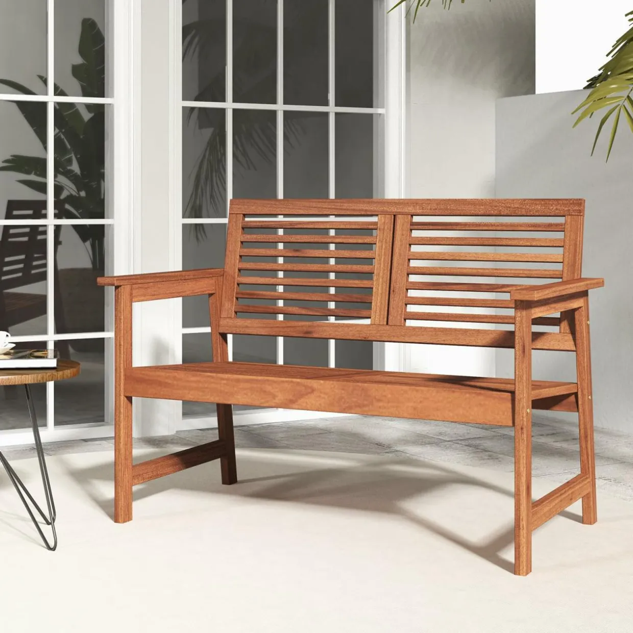 Tangkula Outdoor Bench with Cushion, 2-Person Patio Bench with Slatted Back & Seat