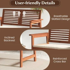 Tangkula Outdoor Bench with Cushion, 2-Person Patio Bench with Slatted Back & Seat