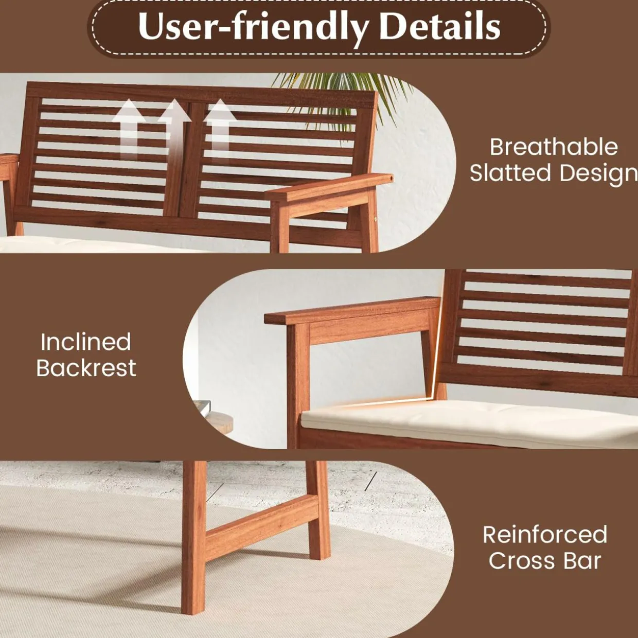 Tangkula Outdoor Bench with Cushion, 2-Person Patio Bench with Slatted Back & Seat