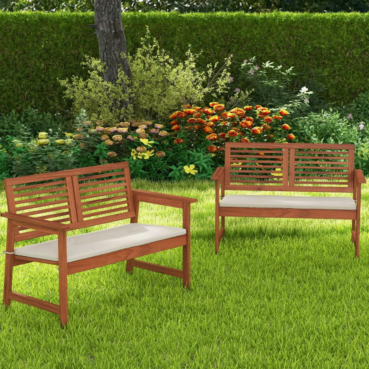 Tangkula Outdoor Bench with Cushion, 2-Person Patio Bench with Slatted Back & Seat