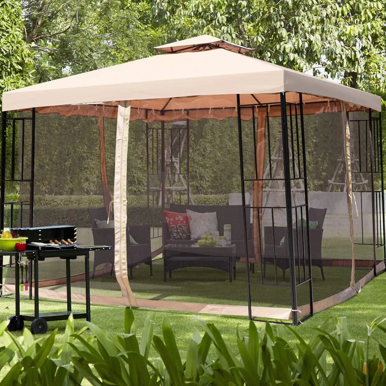 Tangkula Outdoor Canopy Gazebo Steel Frame Heavy Duty Garden Lawn Patio House Party Canopy Home Patio Garden Structures Gazebos W/Netting