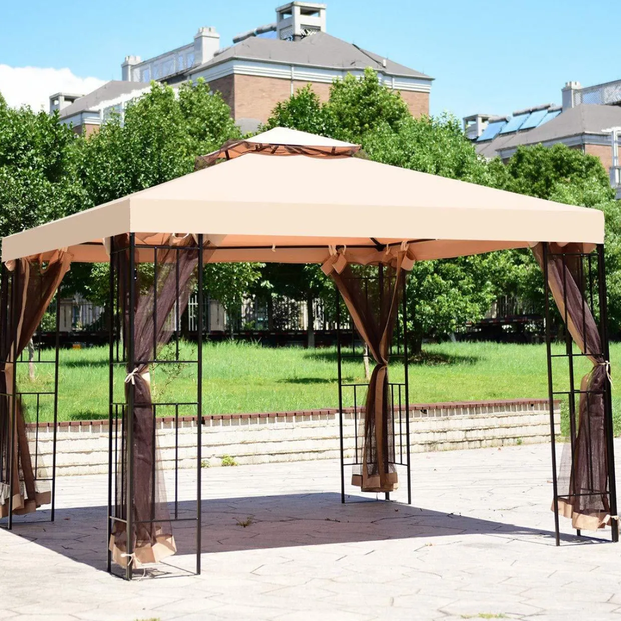 Tangkula Outdoor Canopy Gazebo Steel Frame Heavy Duty Garden Lawn Patio House Party Canopy Home Patio Garden Structures Gazebos W/Netting