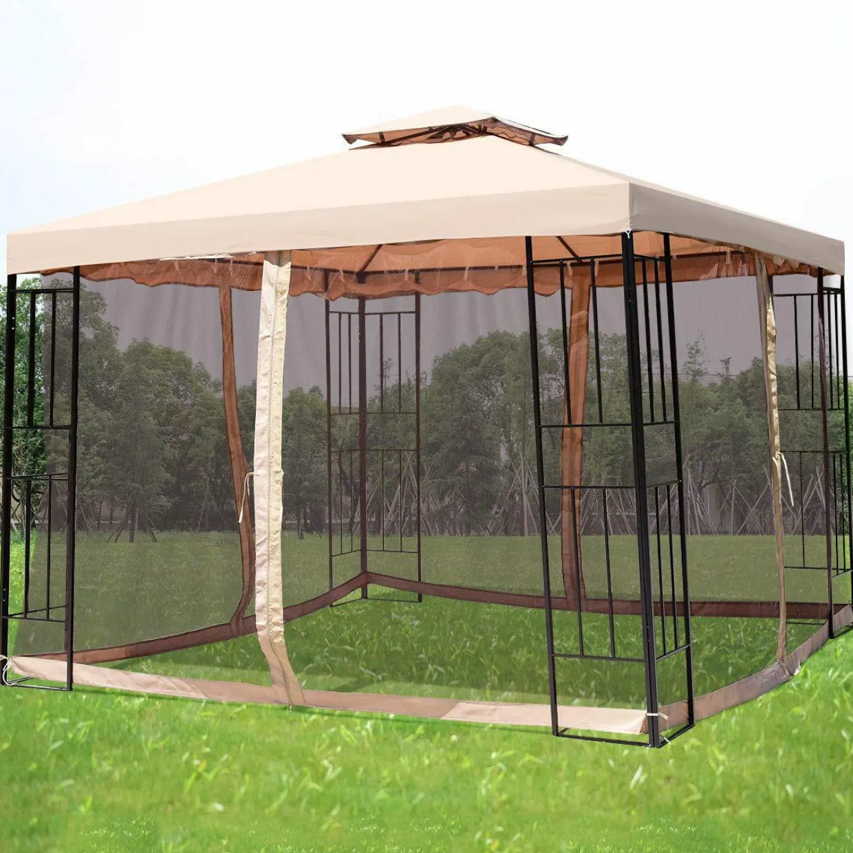 Tangkula Outdoor Canopy Gazebo Steel Frame Heavy Duty Garden Lawn Patio House Party Canopy Home Patio Garden Structures Gazebos W/Netting