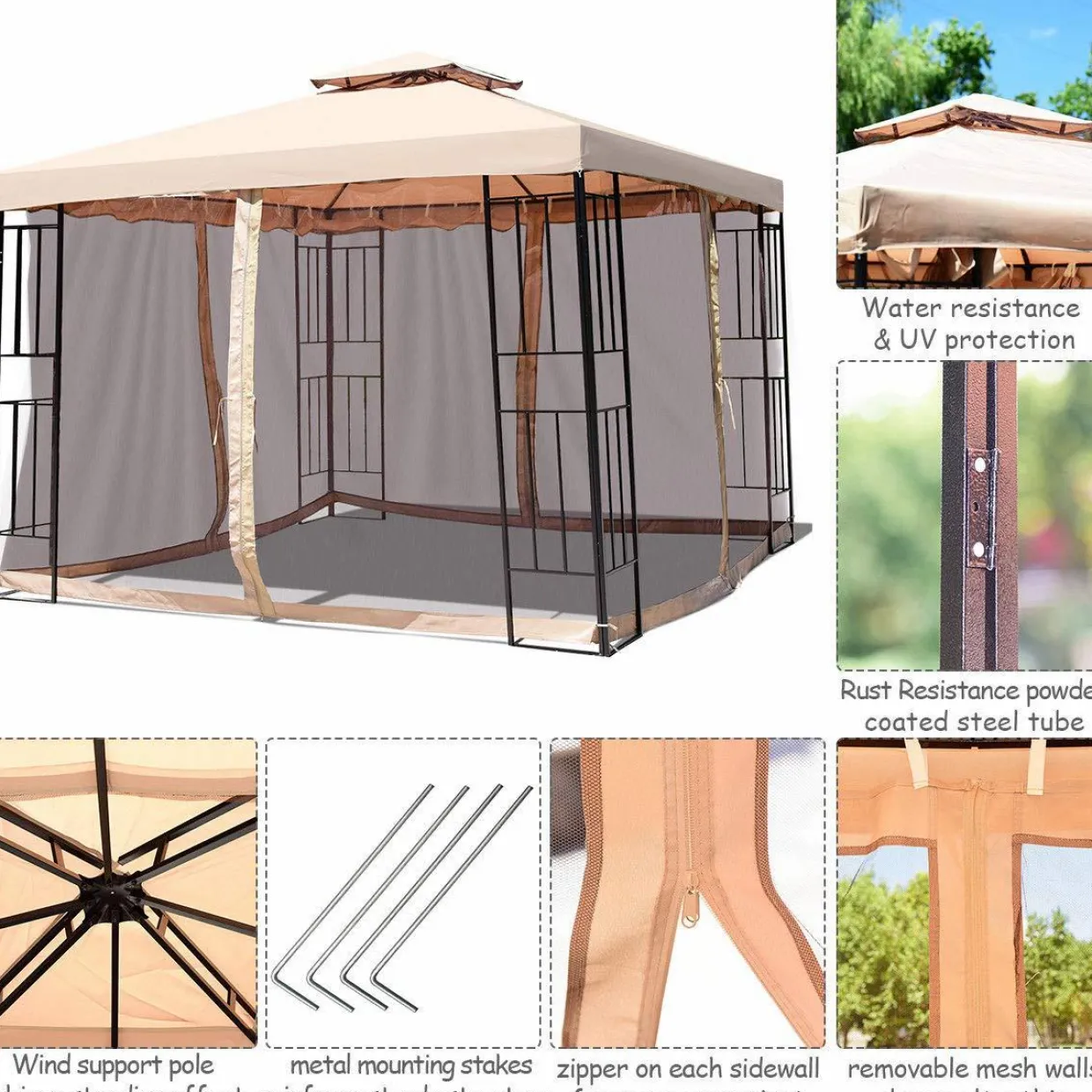 Tangkula Outdoor Canopy Gazebo Steel Frame Heavy Duty Garden Lawn Patio House Party Canopy Home Patio Garden Structures Gazebos W/Netting