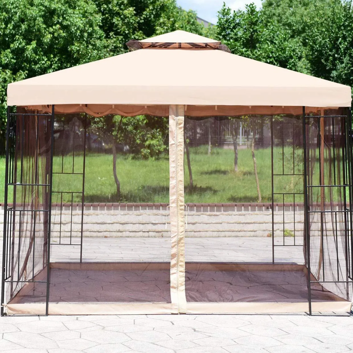 Tangkula Outdoor Canopy Gazebo Steel Frame Heavy Duty Garden Lawn Patio House Party Canopy Home Patio Garden Structures Gazebos W/Netting