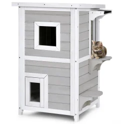 Tangkula Outdoor Cat House Wooden, 2-Story Outside Cat Shelter Condo Enclosure with Escape Door
