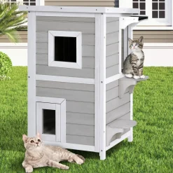 Tangkula Outdoor Cat House Wooden, 2-Story Outside Cat Shelter Condo Enclosure with Escape Door