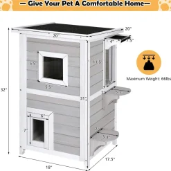Tangkula Outdoor Cat House Wooden, 2-Story Outside Cat Shelter Condo Enclosure with Escape Door