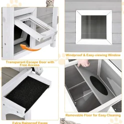 Tangkula Outdoor Cat House Wooden, 2-Story Outside Cat Shelter Condo Enclosure with Escape Door