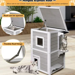 Tangkula Outdoor Cat House Wooden, 2-Story Outside Cat Shelter Condo Enclosure with Escape Door