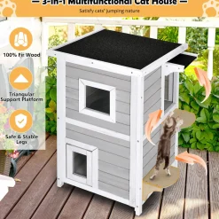 Tangkula Outdoor Cat House Wooden, 2-Story Outside Cat Shelter Condo Enclosure with Escape Door