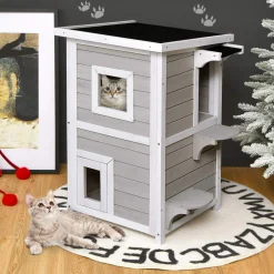 Tangkula Outdoor Cat House Wooden, 2-Story Outside Cat Shelter Condo Enclosure with Escape Door