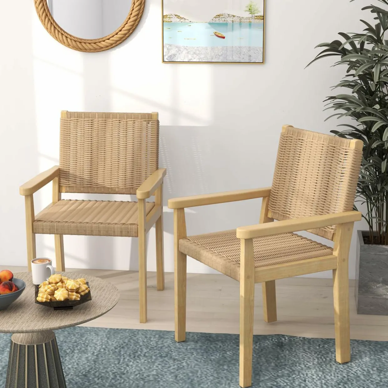 Tangkula Outdoor Chairs Set of 2/4, Patio Dining Chairs w/Paper Rope Woven Seat