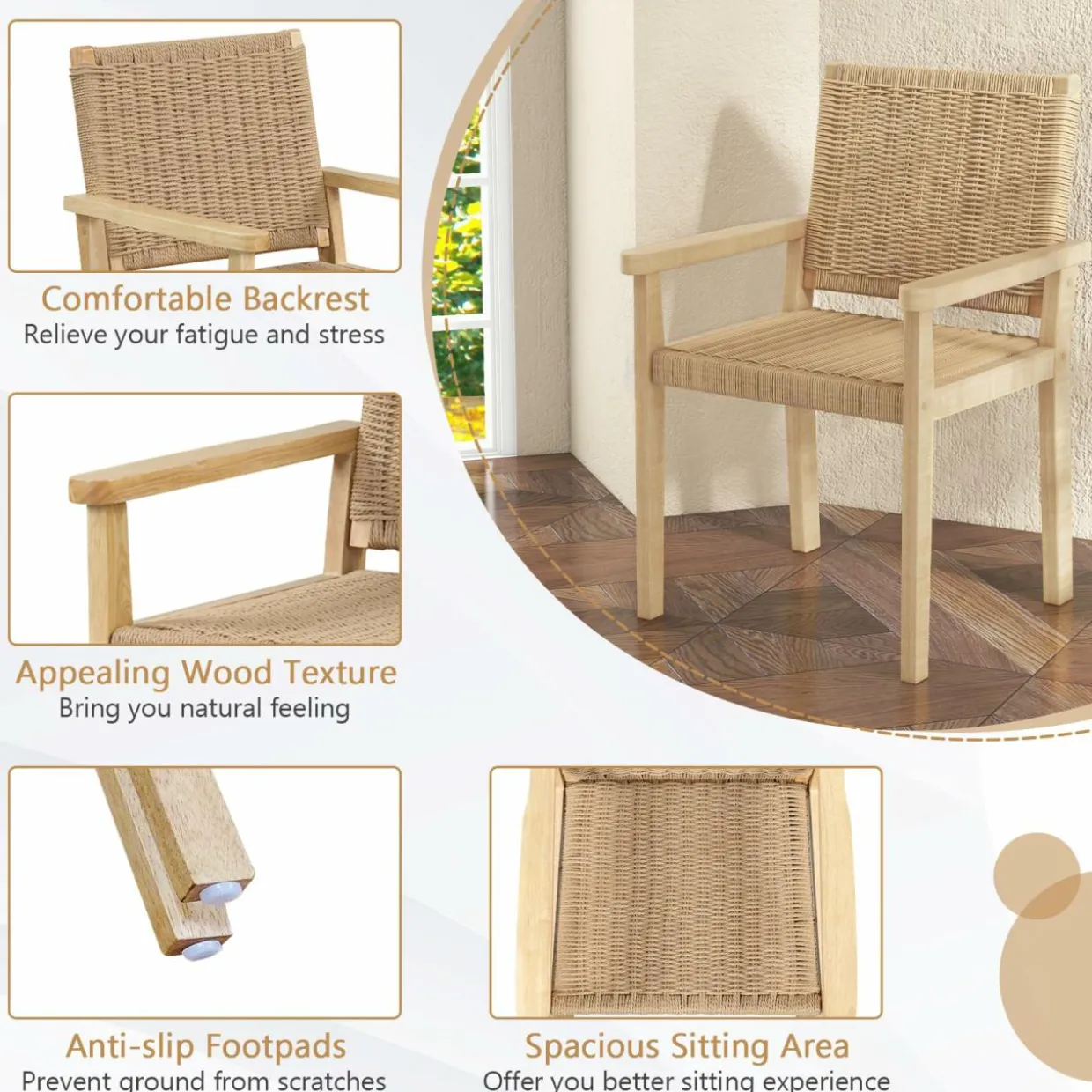 Tangkula Outdoor Chairs Set of 2/4, Patio Dining Chairs w/Paper Rope Woven Seat