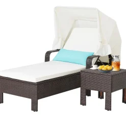 Tangkula Outdoor Chaise Lounge Chair and Table Set with Folding Canopy and Armrests