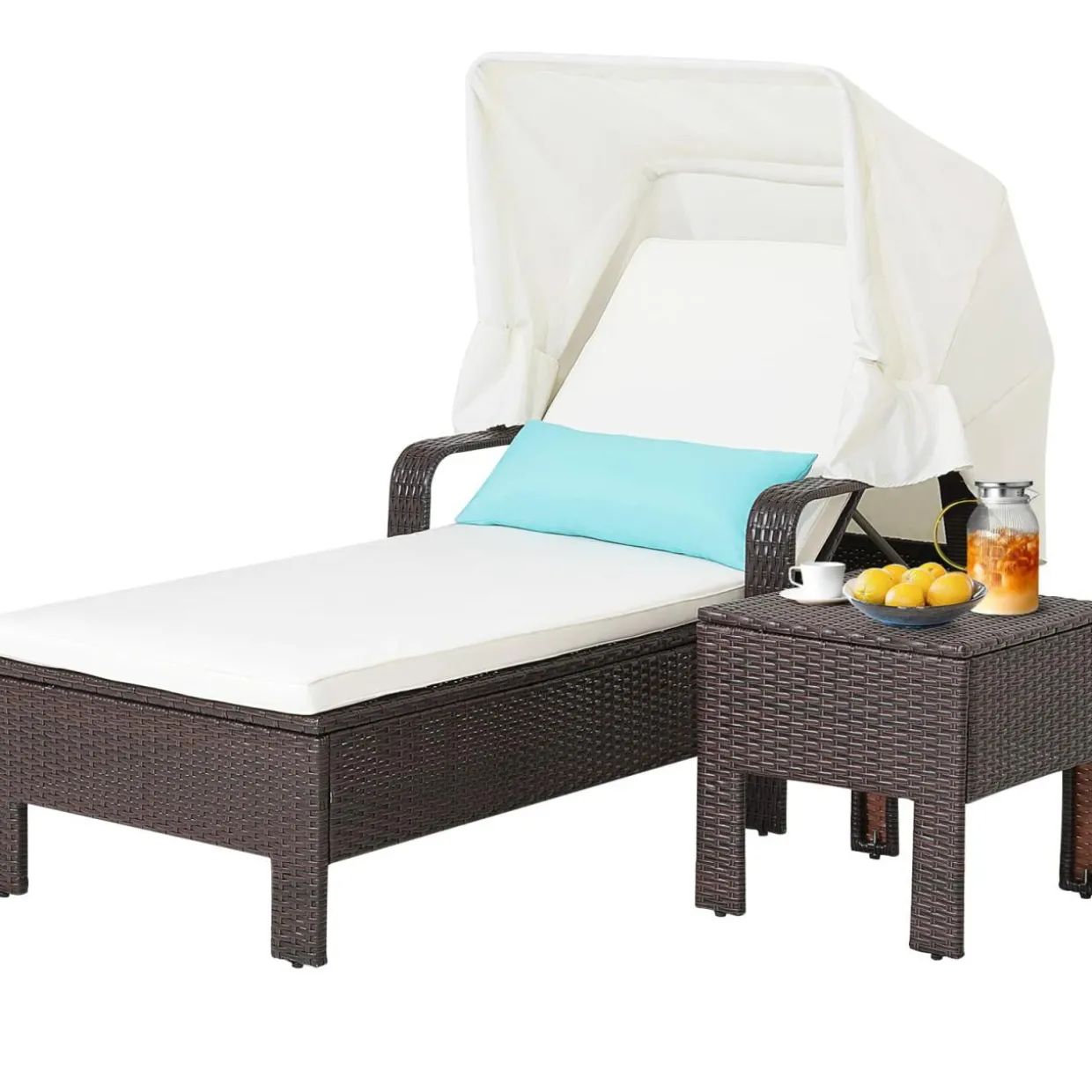 Tangkula Outdoor Chaise Lounge Chair and Table Set with Folding Canopy and Armrests